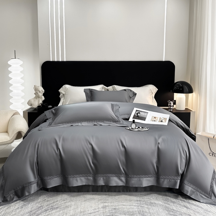 91家纺网 家纺一手货源 找家纺 若未 2023新款50支长绒棉镂空轻奢四件套-奢梵克 山灰色