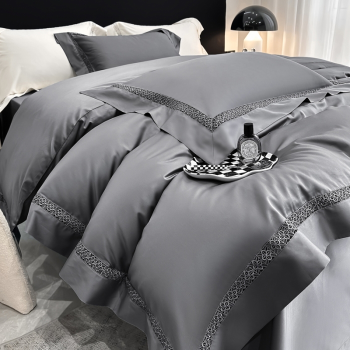 91家纺网 家纺一手货源 找家纺 若未 2023新款50支长绒棉镂空轻奢四件套-奢梵克 山灰色