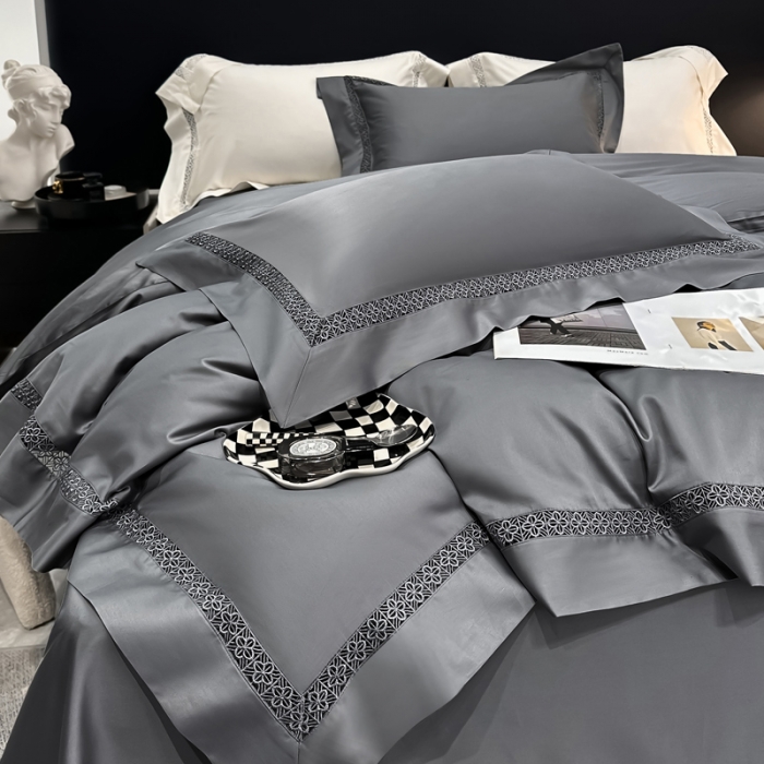 91家纺网 家纺一手货源 找家纺 若未 2023新款50支长绒棉镂空轻奢四件套-奢梵克 山灰色