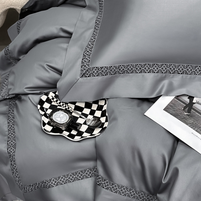 91家纺网 家纺一手货源 找家纺 若未 2023新款50支长绒棉镂空轻奢四件套-奢梵克 山灰色