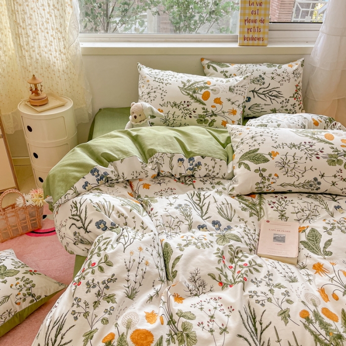 91家纺网 家纺一手货源 找家纺 蓝邻 2023新款全棉印花花卉系列四件套 浅香