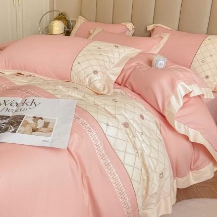 91家纺网 家纺一手货源 找家纺 绒世界绒世界 2025纯棉四季款春夏新品60s全棉刺绣绣花四件套 菲曼-樱花粉