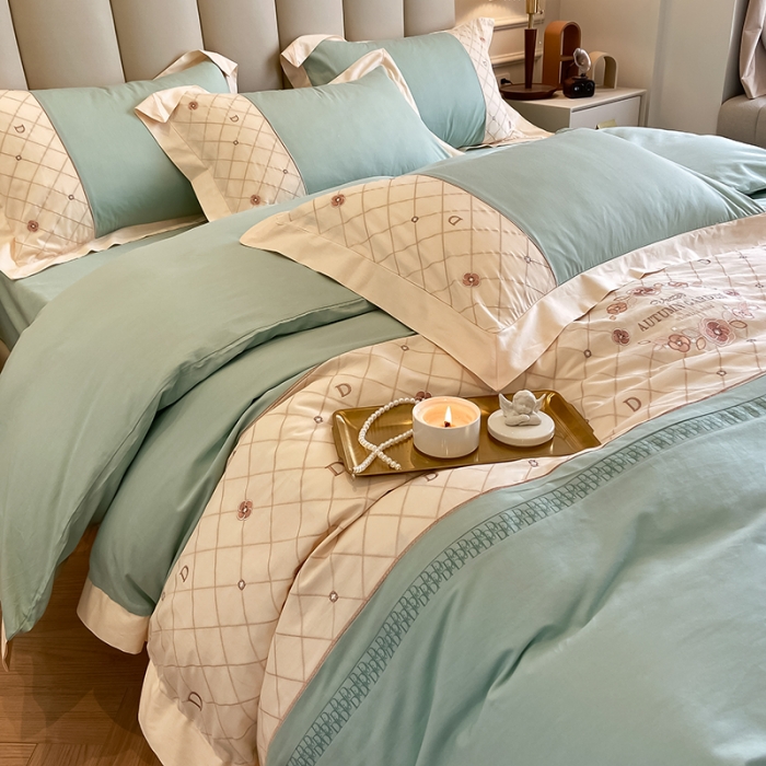 91家纺网 家纺一手货源 找家纺 绒世界绒世界 2025纯棉四季款春夏新品60s全棉刺绣绣花四件套 菲曼-薄荷绿