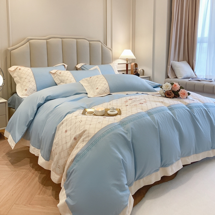 91家纺网 家纺一手货源 找家纺 绒世界绒世界 2025纯棉四季款春夏新品60s全棉刺绣绣花四件套 菲曼-纯净蓝