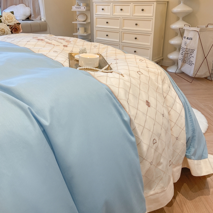 91家纺网 家纺一手货源 找家纺 绒世界绒世界 2025纯棉四季款春夏新品60s全棉刺绣绣花四件套 菲曼-纯净蓝