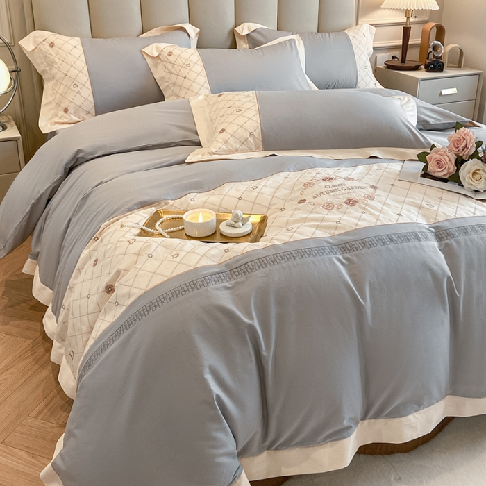 91家纺网 家纺一手货源 找家纺 绒世界绒世界 2025纯棉四季款春夏新品60s全棉刺绣绣花四件套 菲曼-淡雅灰