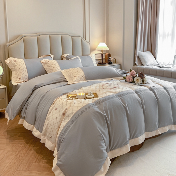 91家纺网 家纺一手货源 找家纺 绒世界绒世界 2025纯棉四季款春夏新品60s全棉刺绣绣花四件套 菲曼-淡雅灰