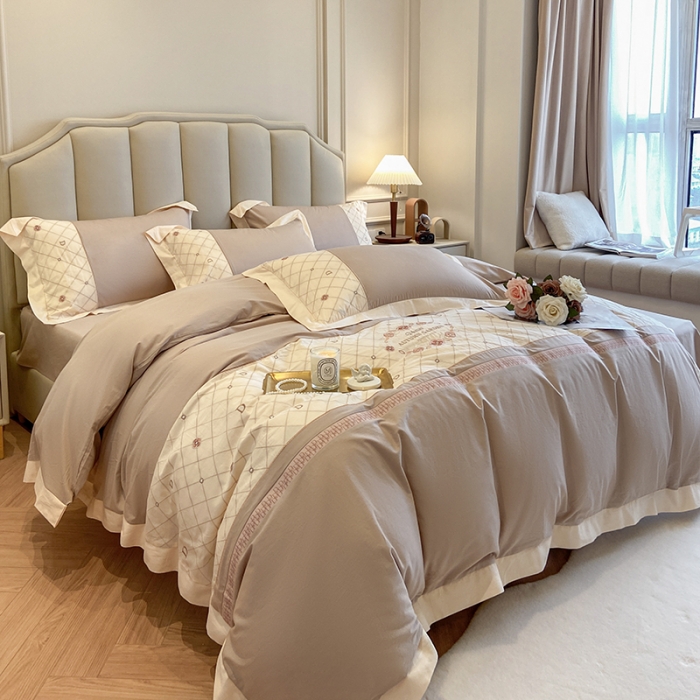 91家纺网 家纺一手货源 找家纺 绒世界绒世界 2025纯棉四季款春夏新品60s全棉刺绣绣花四件套 菲曼-奶咖色