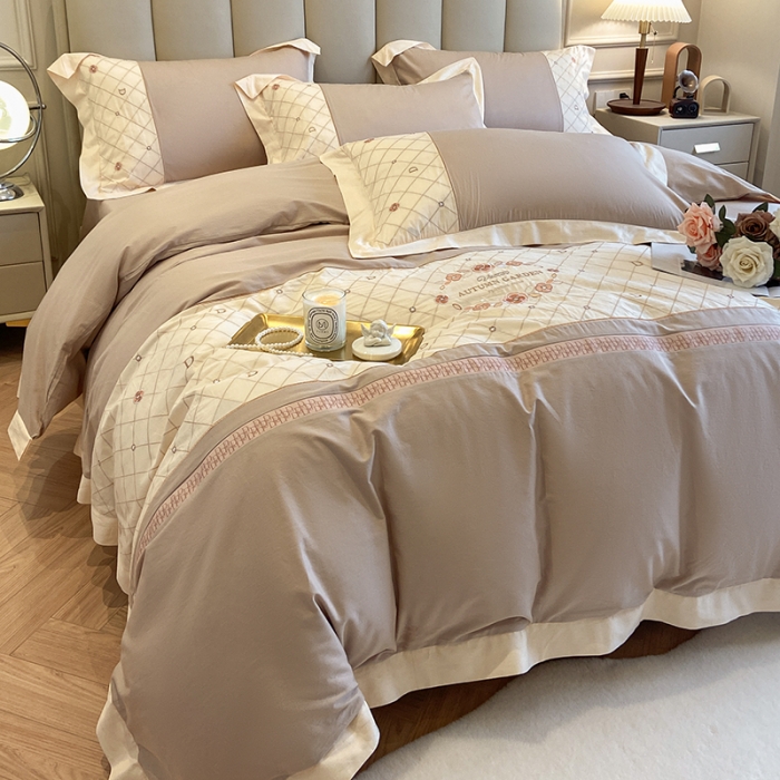 91家纺网 家纺一手货源 找家纺 绒世界绒世界 2025纯棉四季款春夏新品60s全棉刺绣绣花四件套 菲曼-奶咖色