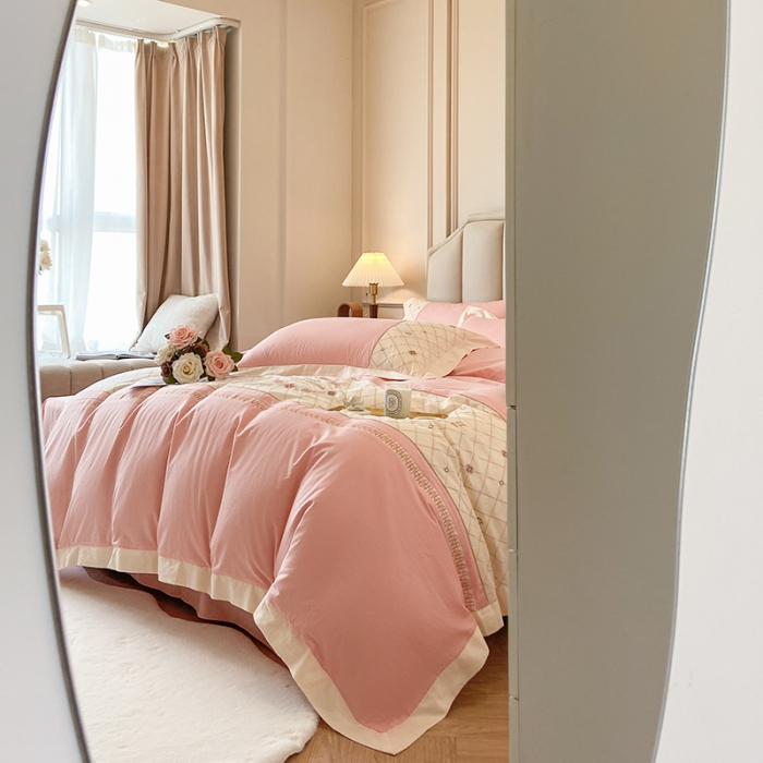 91家纺网 家纺一手货源 找家纺 绒世界绒世界 2025纯棉四季款春夏新品60s全棉刺绣绣花四件套 菲曼-樱花粉