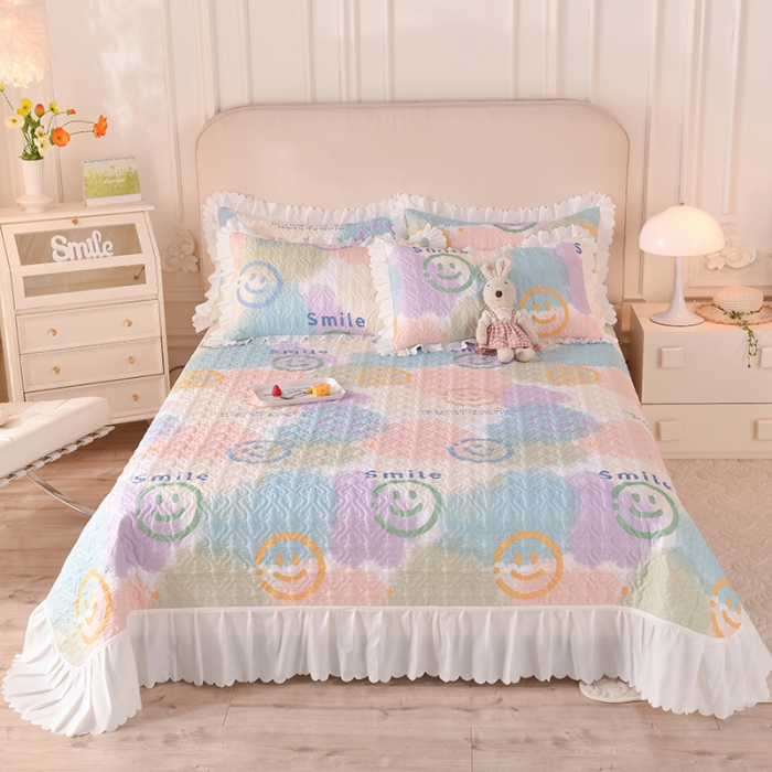 91家纺网 家纺一手货源 找家纺 绒世界 2024新款水洗棉韩版夹棉床盖系列 彩色调调