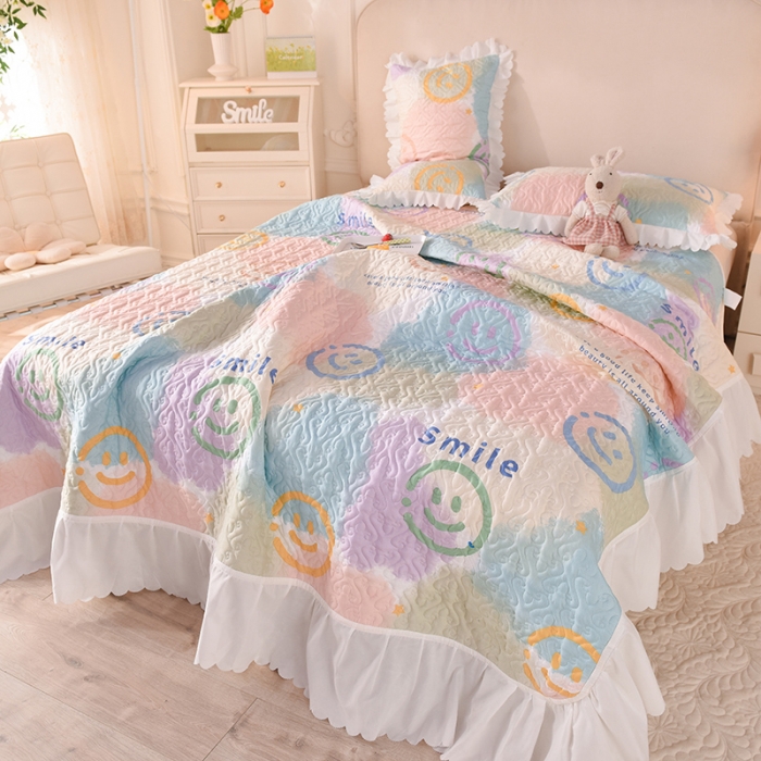 91家纺网 家纺一手货源 找家纺 绒世界 2024新款水洗棉韩版夹棉床盖系列 彩色调调