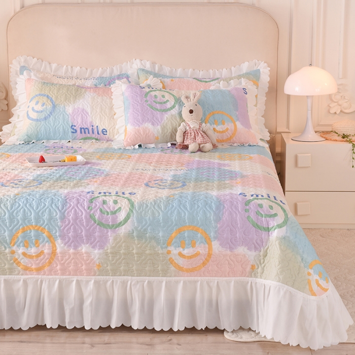 91家纺网 家纺一手货源 找家纺 绒世界 2024新款水洗棉韩版夹棉床盖系列 彩色调调