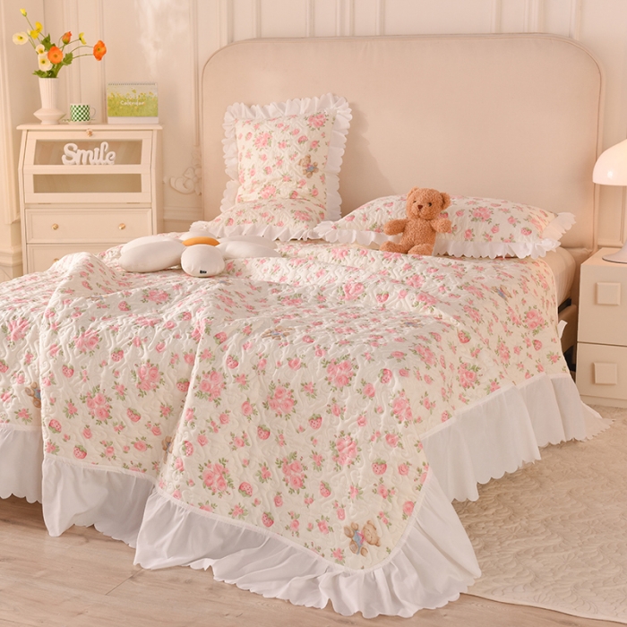 91家纺网 家纺一手货源 找家纺 绒世界 2024新款水洗棉韩版夹棉床盖系列 粉色嘟嘟熊