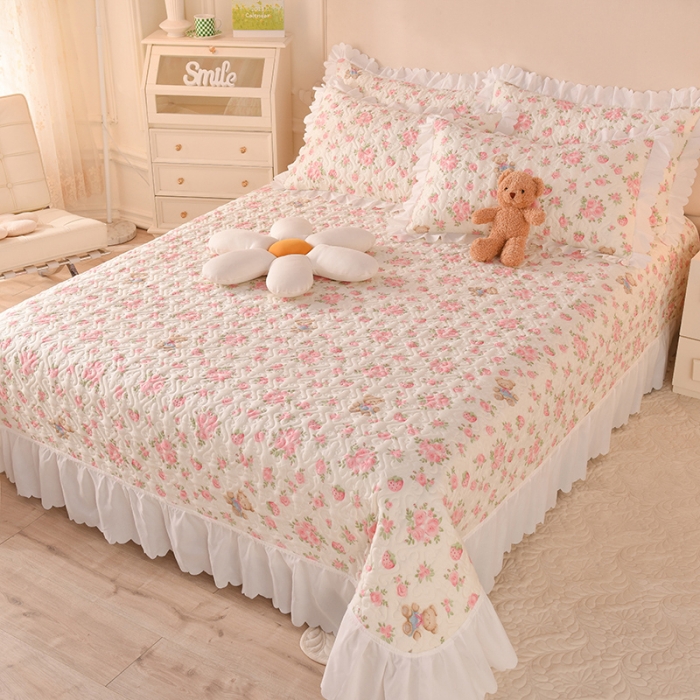 91家纺网 家纺一手货源 找家纺 绒世界 2024新款水洗棉韩版夹棉床盖系列 粉色嘟嘟熊