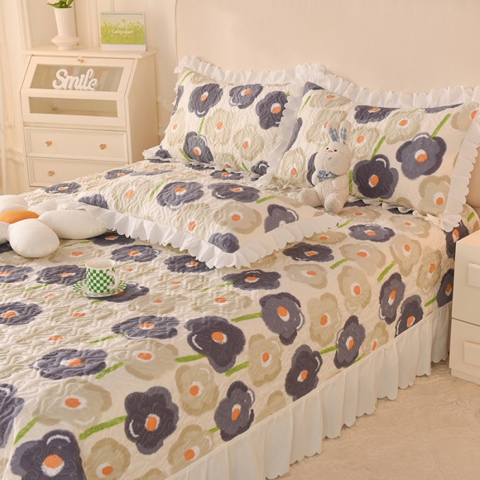 91家纺网 家纺一手货源 找家纺 绒世界 2024新款水洗棉韩版夹棉床盖系列 锦花缘