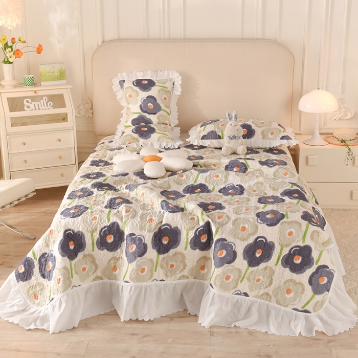 91家纺网 家纺一手货源 找家纺 绒世界 2024新款水洗棉韩版夹棉床盖系列 锦花缘