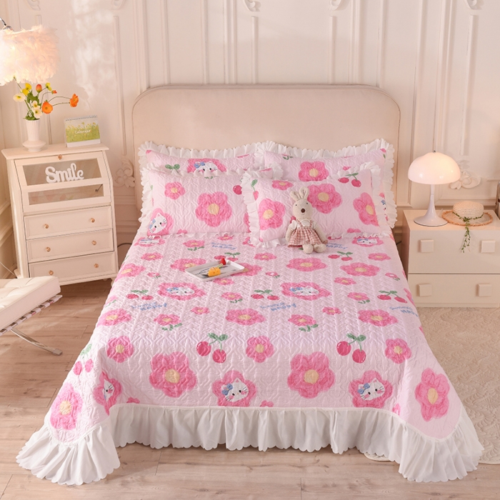 91家纺网 家纺一手货源 找家纺 绒世界 2024新款水洗棉韩版夹棉床盖系列 猫的樱桃