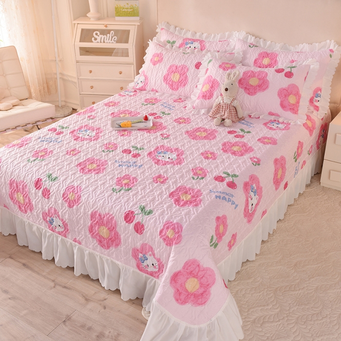 91家纺网 家纺一手货源 找家纺 绒世界 2024新款水洗棉韩版夹棉床盖系列 猫的樱桃