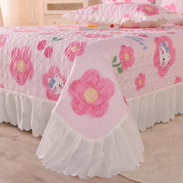 91家纺网 家纺一手货源 找家纺 绒世界 2024新款水洗棉韩版夹棉床盖系列 猫的樱桃