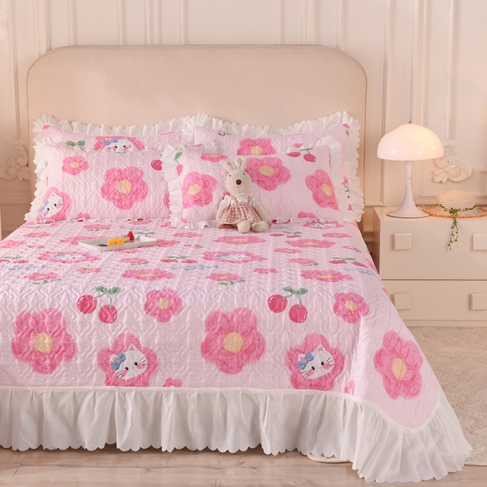 91家纺网 家纺一手货源 找家纺 绒世界 2024新款水洗棉韩版夹棉床盖系列 猫的樱桃