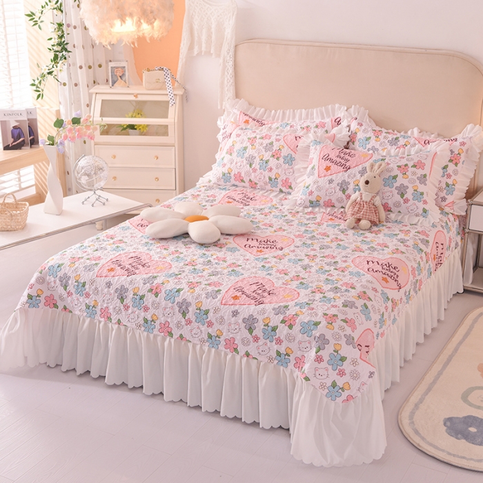 91家纺网 家纺一手货源 找家纺 绒世界 2024新款水洗棉韩版夹棉床盖系列 玫瑰猫咪