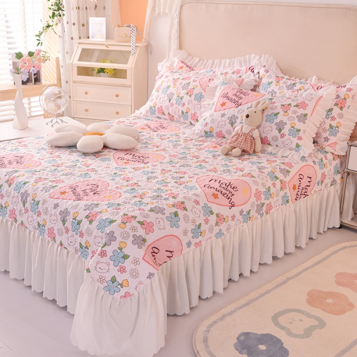 91家纺网 家纺一手货源 找家纺 绒世界 2024新款水洗棉韩版夹棉床盖系列 玫瑰猫咪