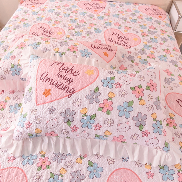 91家纺网 家纺一手货源 找家纺 绒世界 2024新款水洗棉韩版夹棉床盖系列 玫瑰猫咪