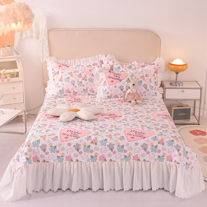 91家纺网 家纺一手货源 找家纺 绒世界 2024新款水洗棉韩版夹棉床盖系列 玫瑰猫咪