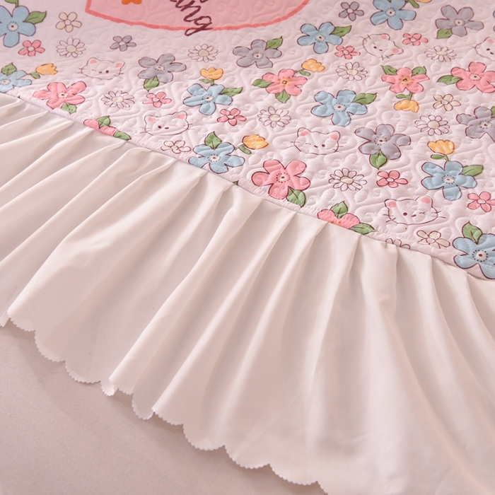 91家纺网 家纺一手货源 找家纺 绒世界 2024新款水洗棉韩版夹棉床盖系列 玫瑰猫咪