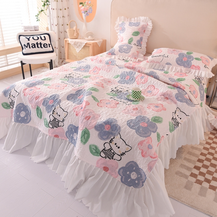 91家纺网 家纺一手货源 找家纺 绒世界 2024新款水洗棉韩版夹棉床盖系列 萌萌猫