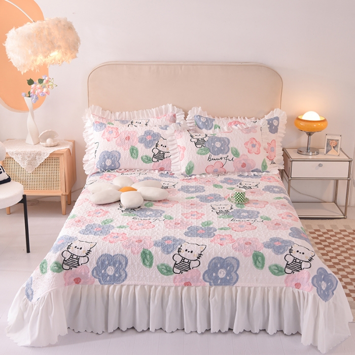 91家纺网 家纺一手货源 找家纺 绒世界 2024新款水洗棉韩版夹棉床盖系列 萌萌猫