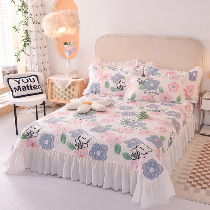 91家纺网 家纺一手货源 找家纺 绒世界 2024新款水洗棉韩版夹棉床盖系列 萌萌猫