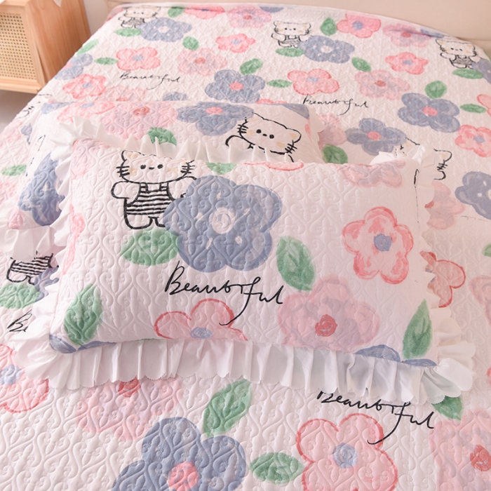 91家纺网 家纺一手货源 找家纺 绒世界 2024新款水洗棉韩版夹棉床盖系列 萌萌猫