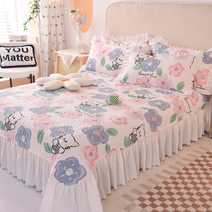 91家纺网 家纺一手货源 找家纺 绒世界 2024新款水洗棉韩版夹棉床盖系列 萌萌猫