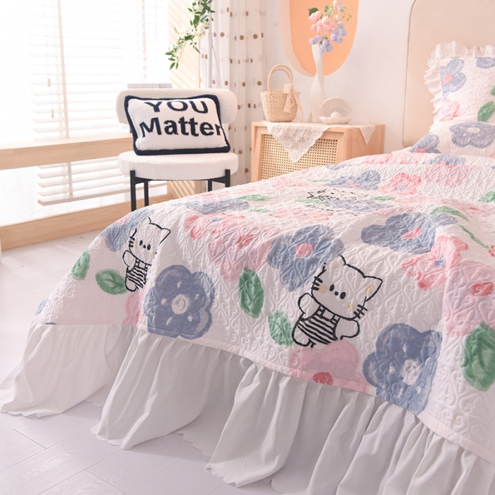 91家纺网 家纺一手货源 找家纺 绒世界 2024新款水洗棉韩版夹棉床盖系列 萌萌猫