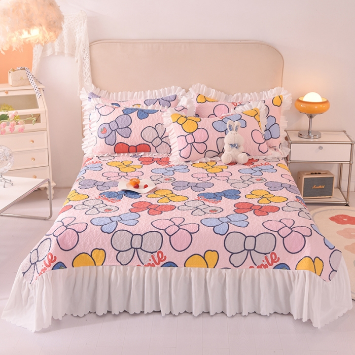 91家纺网 家纺一手货源 找家纺 绒世界 2024新款水洗棉韩版夹棉床盖系列 少女蝴蝶结