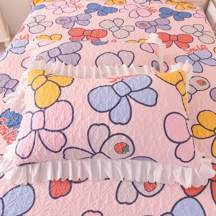 91家纺网 家纺一手货源 找家纺 绒世界 2024新款水洗棉韩版夹棉床盖系列 少女蝴蝶结