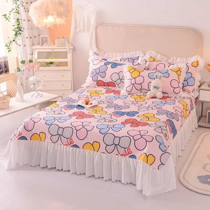 91家纺网 家纺一手货源 找家纺 绒世界 2024新款水洗棉韩版夹棉床盖系列 少女蝴蝶结