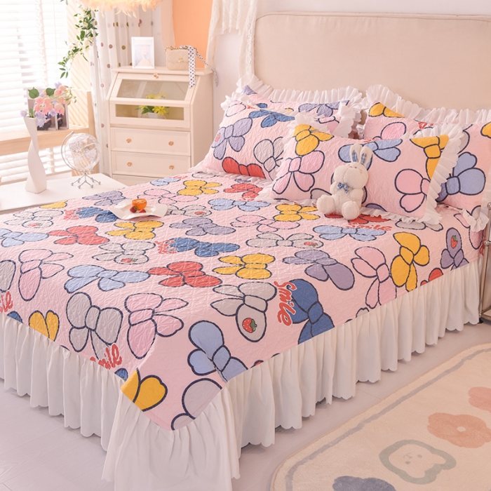 91家纺网 家纺一手货源 找家纺 绒世界 2024新款水洗棉韩版夹棉床盖系列 少女蝴蝶结