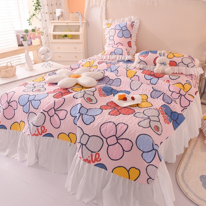 91家纺网 家纺一手货源 找家纺 绒世界 2024新款水洗棉韩版夹棉床盖系列 少女蝴蝶结