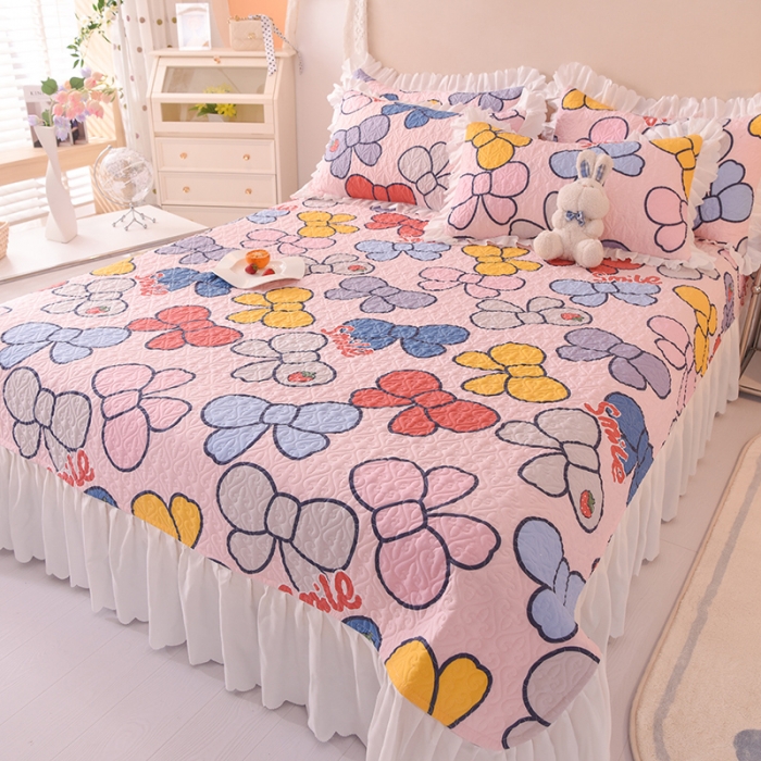 91家纺网 家纺一手货源 找家纺 绒世界 2024新款水洗棉韩版夹棉床盖系列 少女蝴蝶结