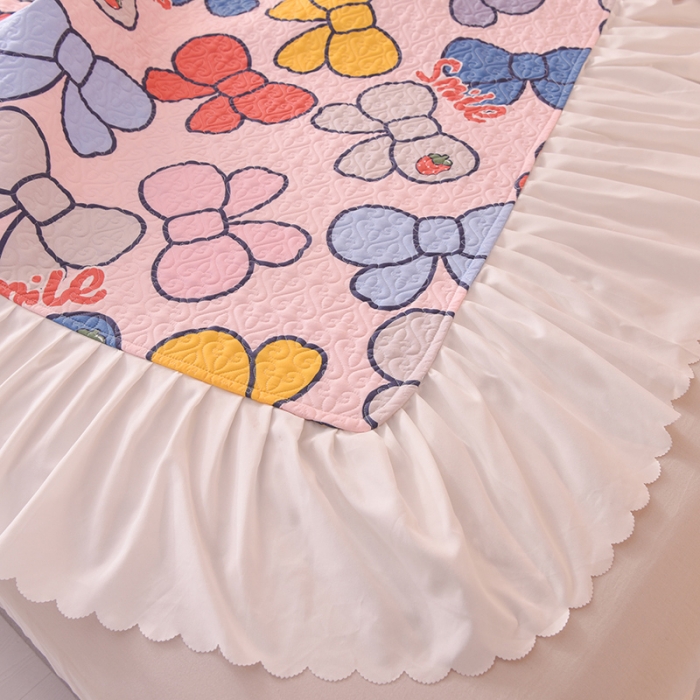 91家纺网 家纺一手货源 找家纺 绒世界 2024新款水洗棉韩版夹棉床盖系列 少女蝴蝶结