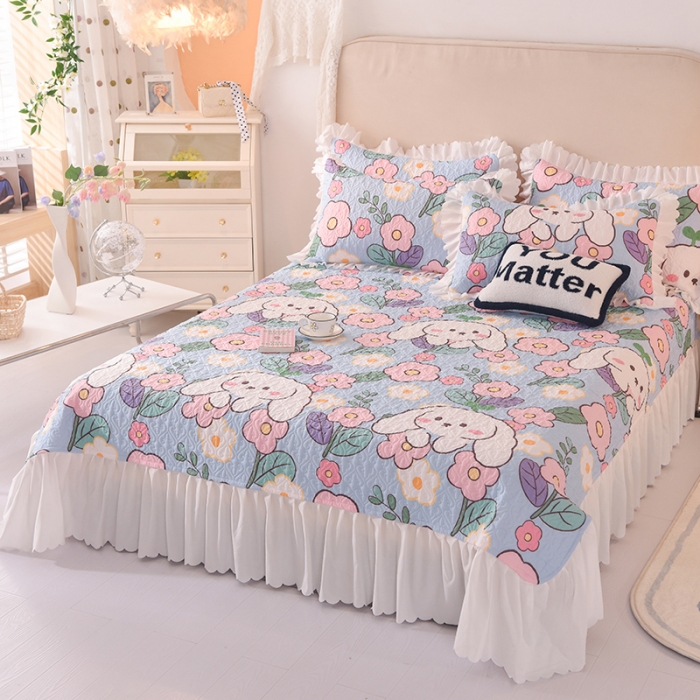 91家纺网 家纺一手货源 找家纺 绒世界 2024新款水洗棉韩版夹棉床盖系列 甜蜜兔