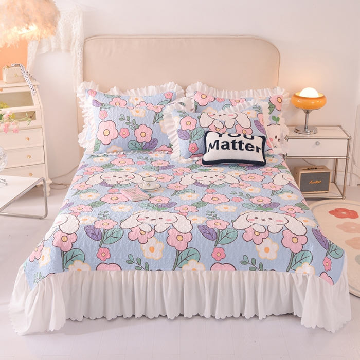 91家纺网 家纺一手货源 找家纺 绒世界 2024新款水洗棉韩版夹棉床盖系列 甜蜜兔