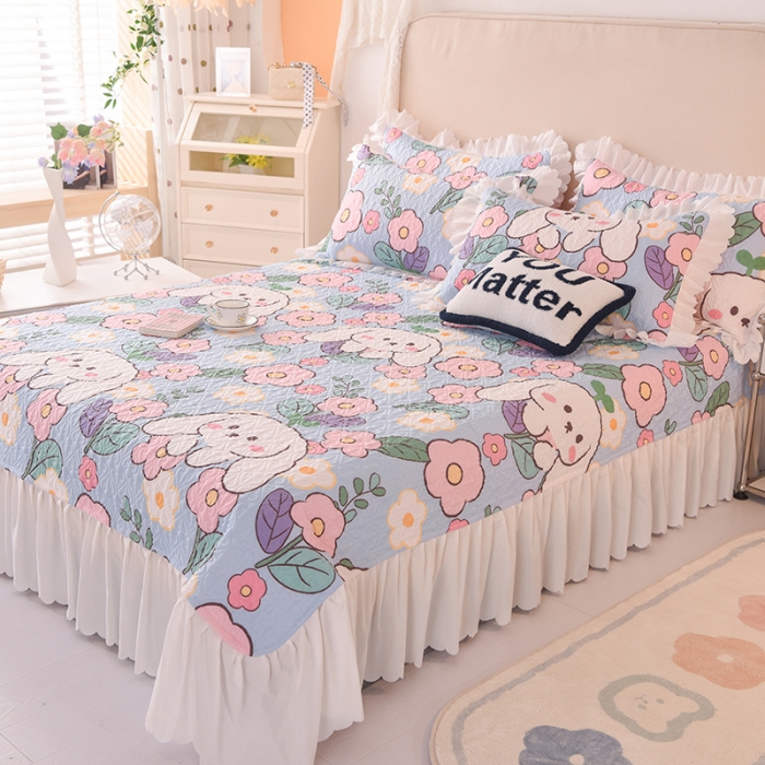 91家纺网 家纺一手货源 找家纺 绒世界 2024新款水洗棉韩版夹棉床盖系列 甜蜜兔