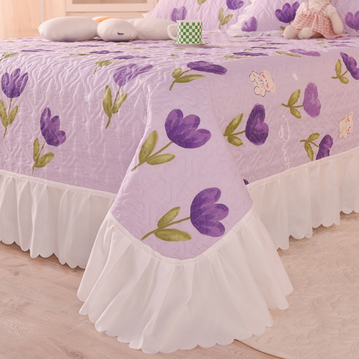 91家纺网 家纺一手货源 找家纺 绒世界 2024新款水洗棉韩版夹棉床盖系列 紫花依熊