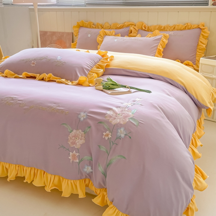 91家纺网 家纺一手货源 找家纺 富盛 2024新款水洗亲肤棉刺绣四件套公主风四件套-春暖花开 紫黄