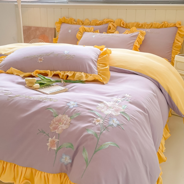 91家纺网 家纺一手货源 找家纺 富盛 2024新款水洗亲肤棉刺绣四件套公主风四件套-春暖花开 紫黄