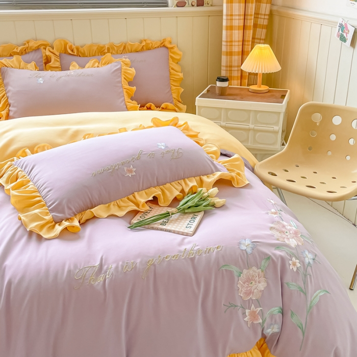 91家纺网 家纺一手货源 找家纺 富盛 2024新款水洗亲肤棉刺绣四件套公主风四件套-春暖花开 紫黄